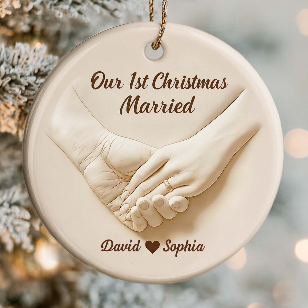 Our 1st Christmas Engaged, Hands With Ring - Personalized Custom Ceramic Ornament With Round Shape - CPL773_RCE