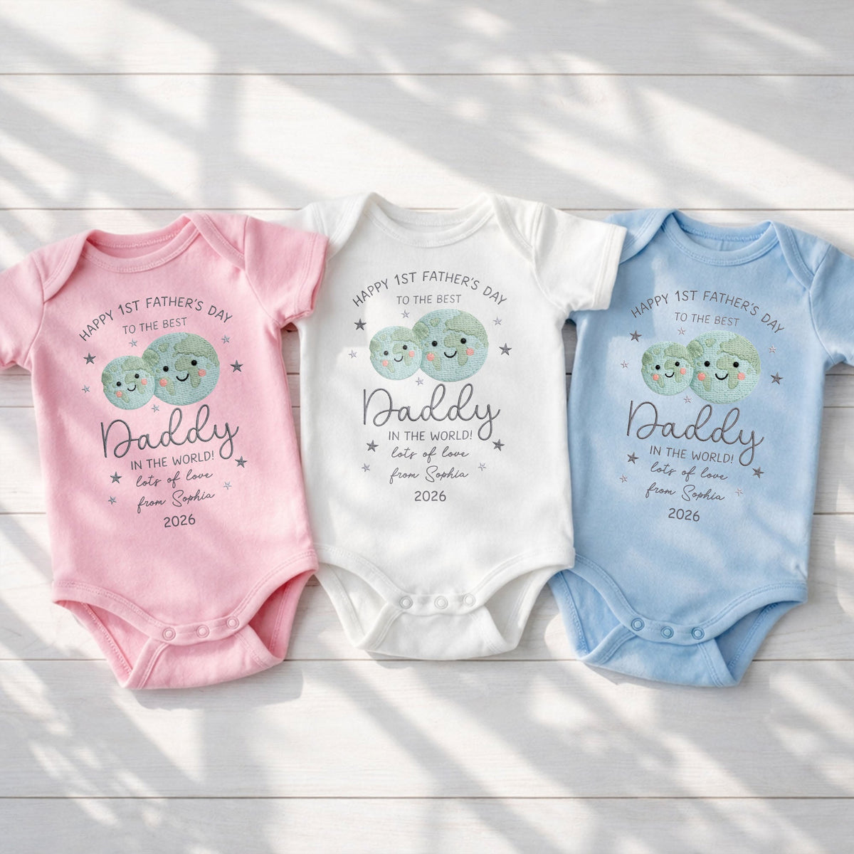 Happy 1st Father's Day To The Best Daddy In The World Earth And Stars - Personalized Custom Baby Onesie - DAD315_ONES