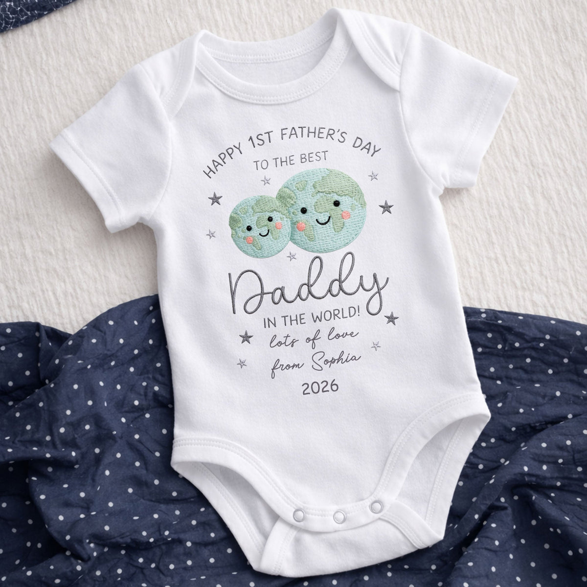 Happy 1st Father's Day To The Best Daddy In The World Earth And Stars - Personalized Custom Baby Onesie - DAD315_ONES