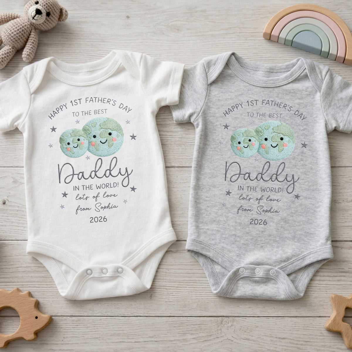 Happy 1st Father's Day To The Best Daddy In The World Earth And Stars - Personalized Custom Baby Onesie - DAD315_ONES