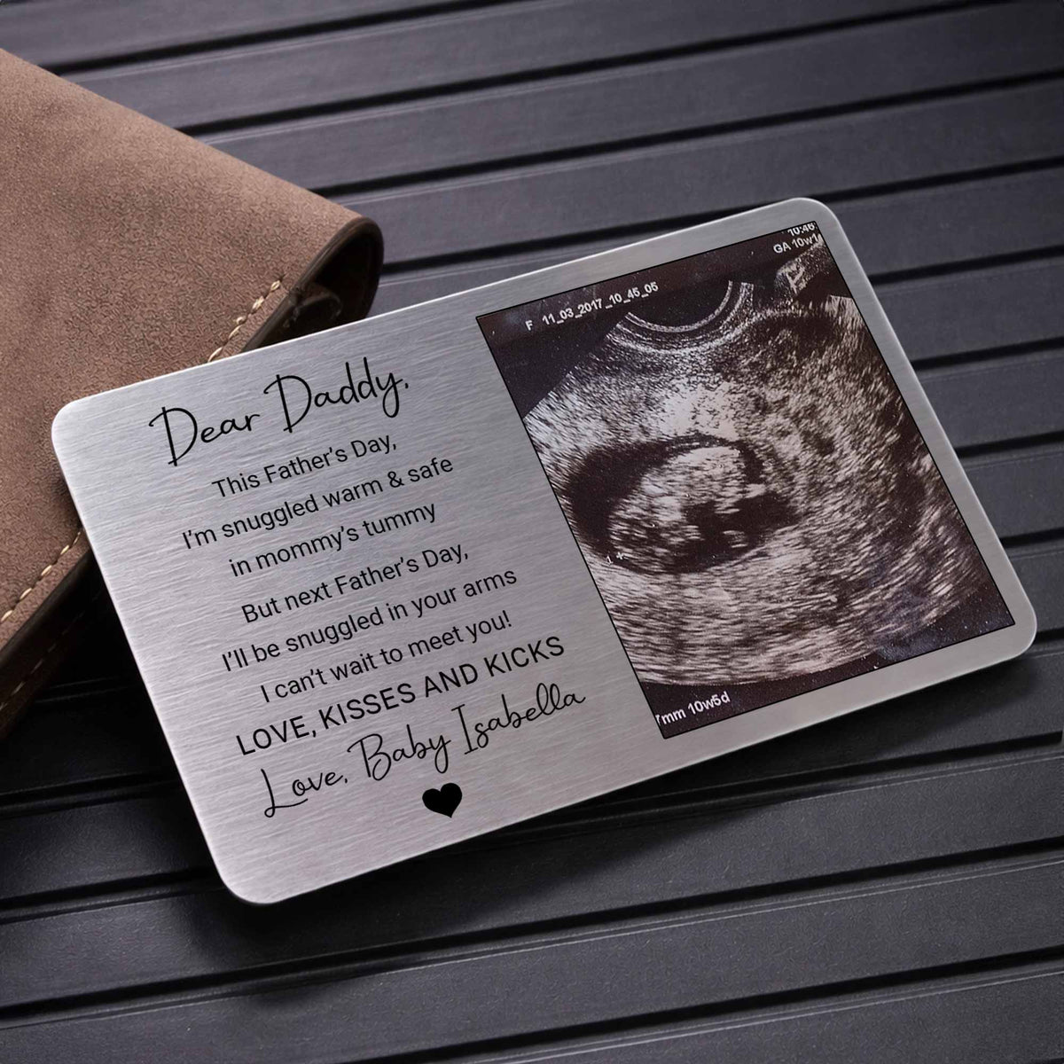 Dear Daddy Snuggled In Mommy's Tummy Ultrasound Photo Wallet Card - Personalized Aluminum Wallet Card - DAD524_ALCA