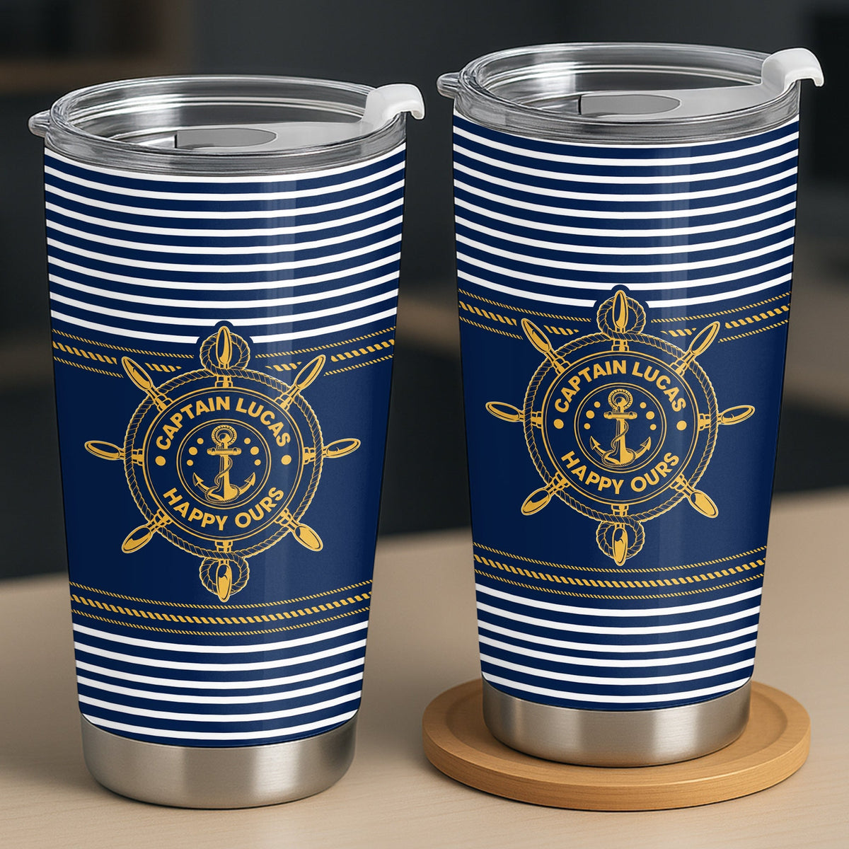 Captain Happy Ours Nautical Ship Wheel And Anchor - Personalized Custom Stainless Steel Tumbler 20oz - DAD850_USTUM