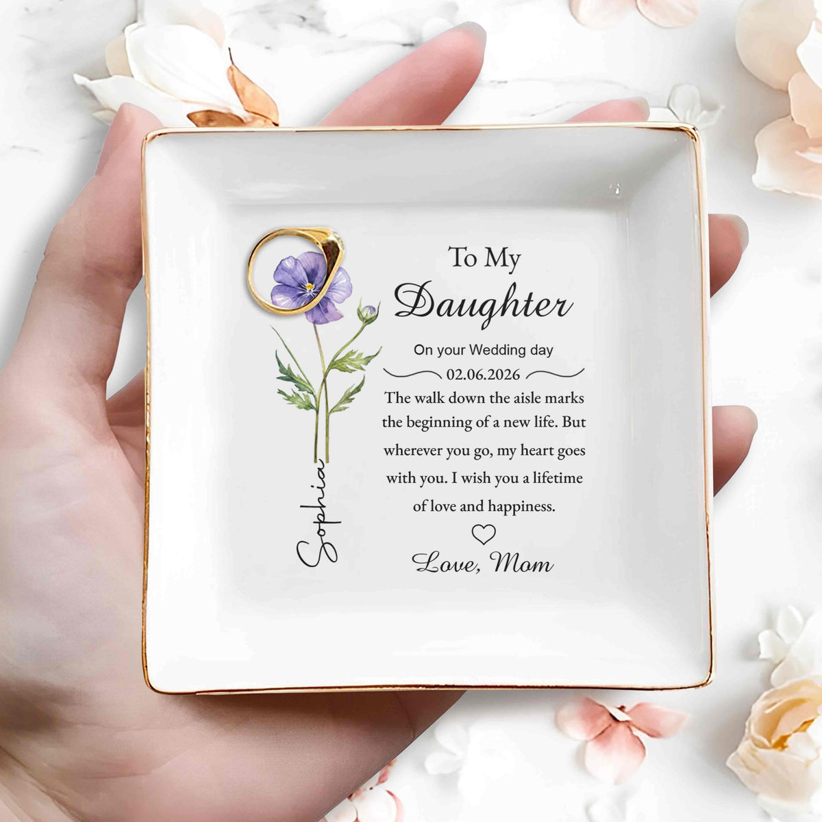 To My Daughter On Your Wedding Day With Purple Flower - Personalized Custom Jewelry Dish, Square Ceramic Dish - DAU322_SCRD