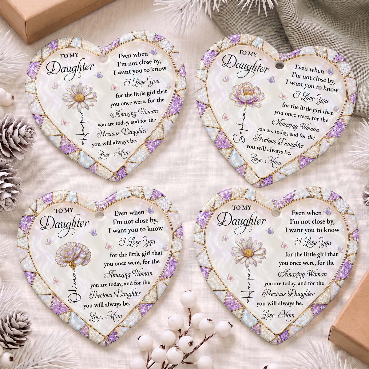 To My Daughter Even When I Am Not Close By Flower Butterfly - Personalized Custom Ceramic Ornament With Heart Shape - DAU576_HCE