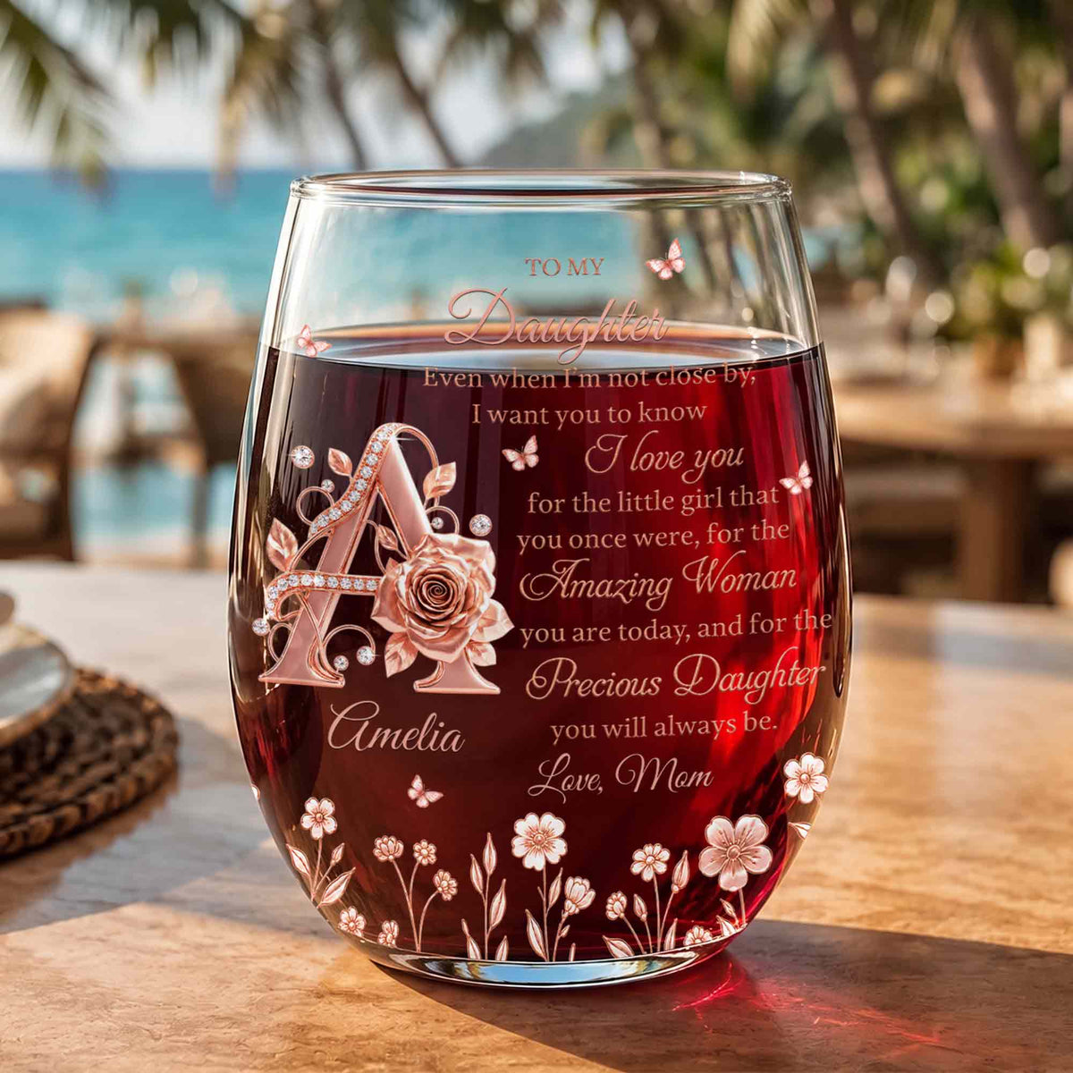 To My Daughter Amazing Woman Rose Gold Alphabet Flower - Personalized Stemless Wine Glass - DAU707_WIGL