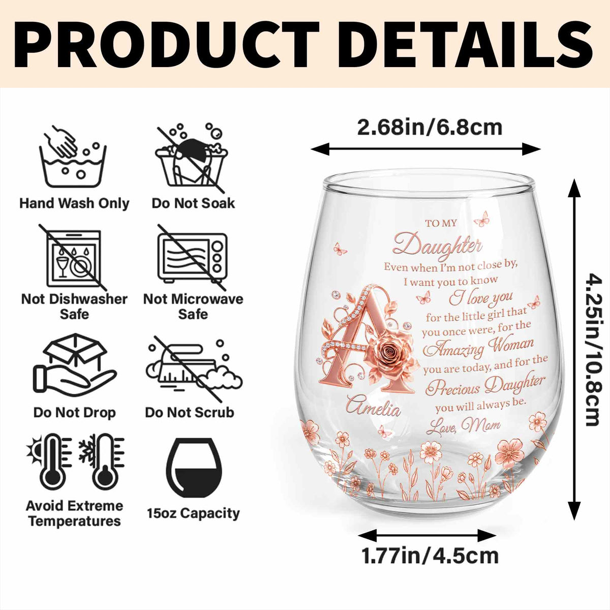 To My Daughter Amazing Woman Rose Gold Alphabet Flower - Personalized Stemless Wine Glass - DAU707_WIGL
