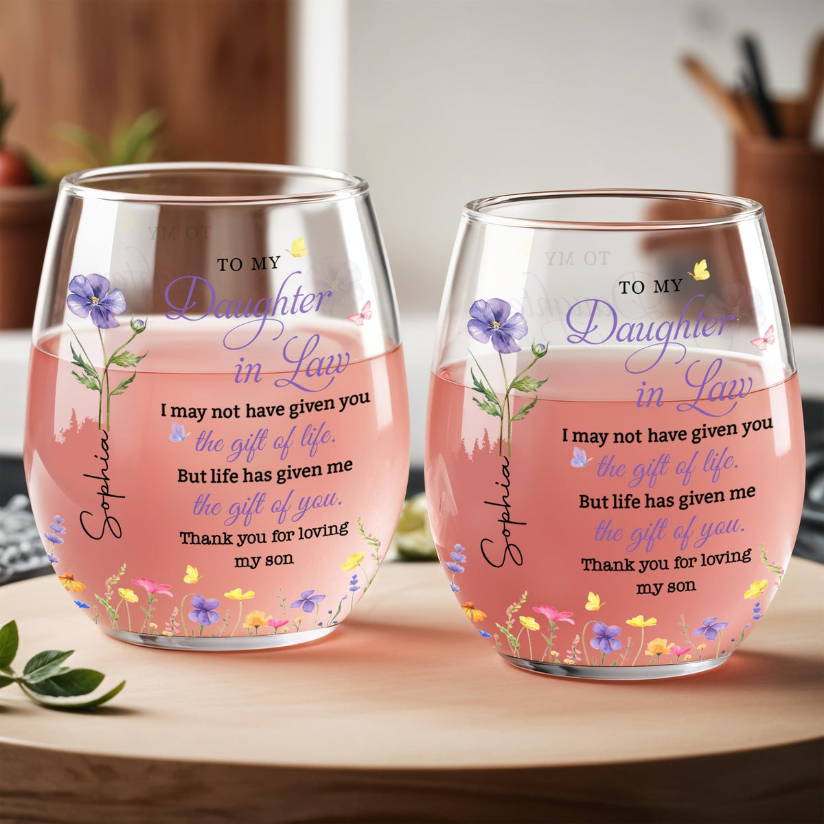 To My Daughter In Law Gift Of You Birth Month Flowers - Personalized Stemless Wine Glass - DILA116_WIGL