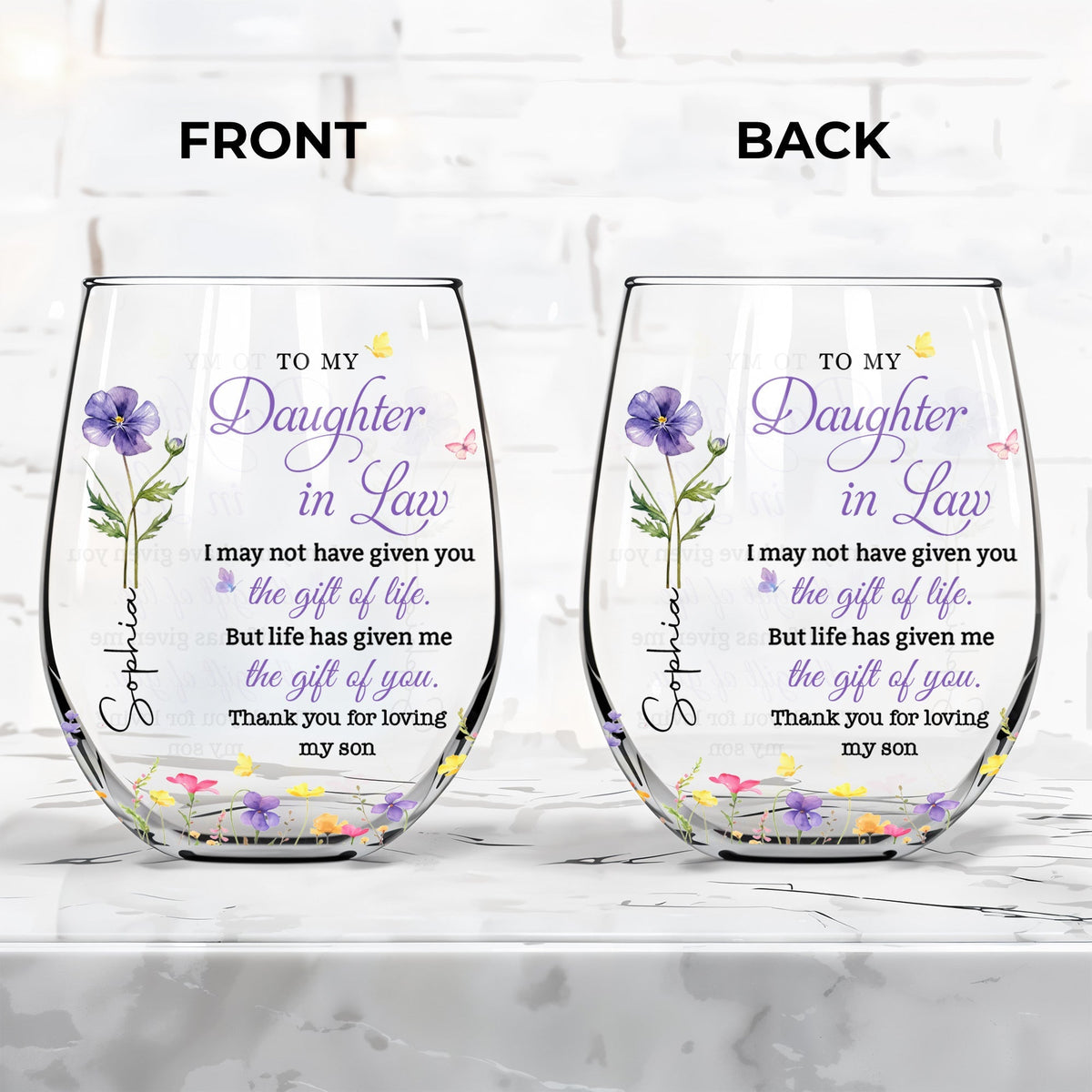 To My Daughter In Law Gift Of You Birth Month Flowers - Personalized Stemless Wine Glass - DILA116_WIGL