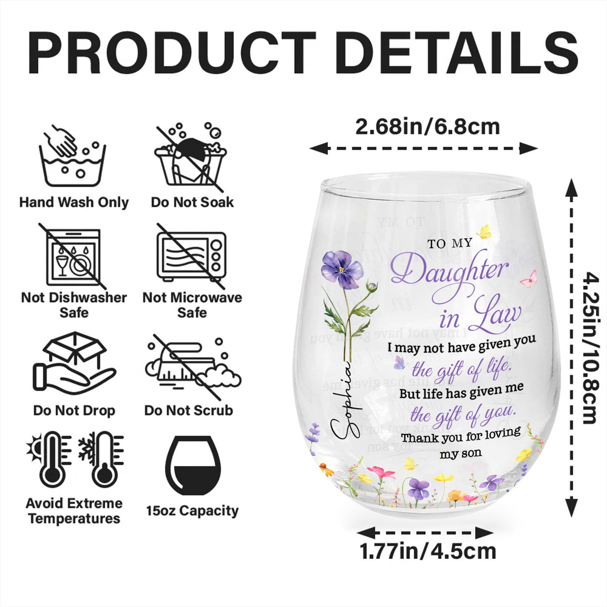 To My Daughter In Law Gift Of You Birth Month Flowers - Personalized Stemless Wine Glass - DILA116_WIGL
