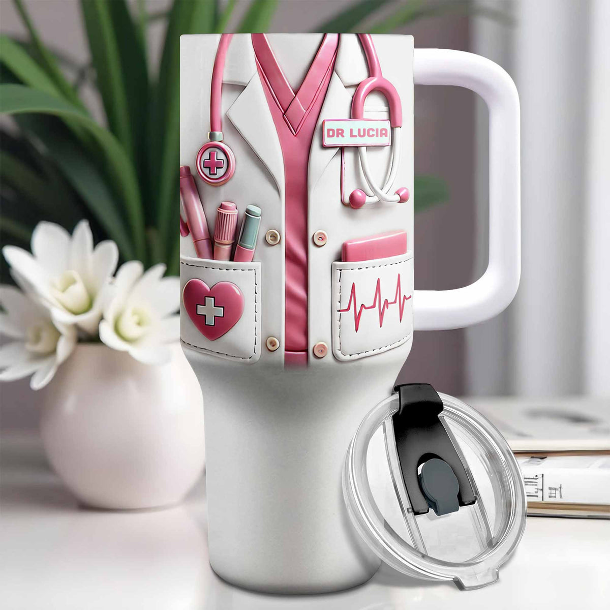 Medical Essentials, Stethoscope And Heartbeat Line - Personalized 40oz Tumbler With Straw - DOC002_TBS