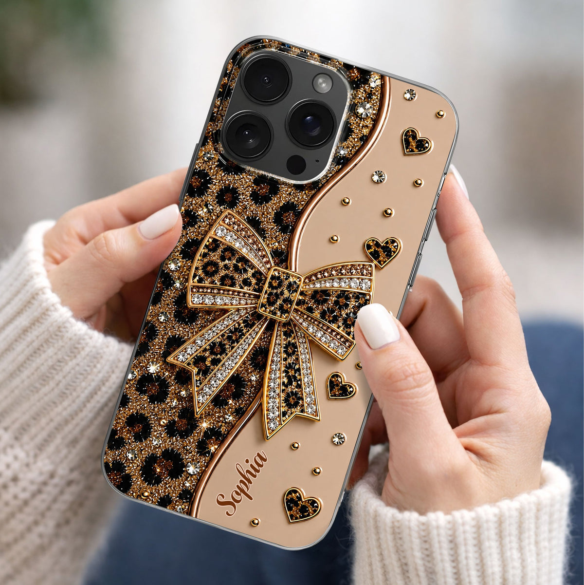 Stay Fabulous Leopard Print With Diamond Bow And Hearts - Personalized Clear Phone Case - DTG124_PHC
