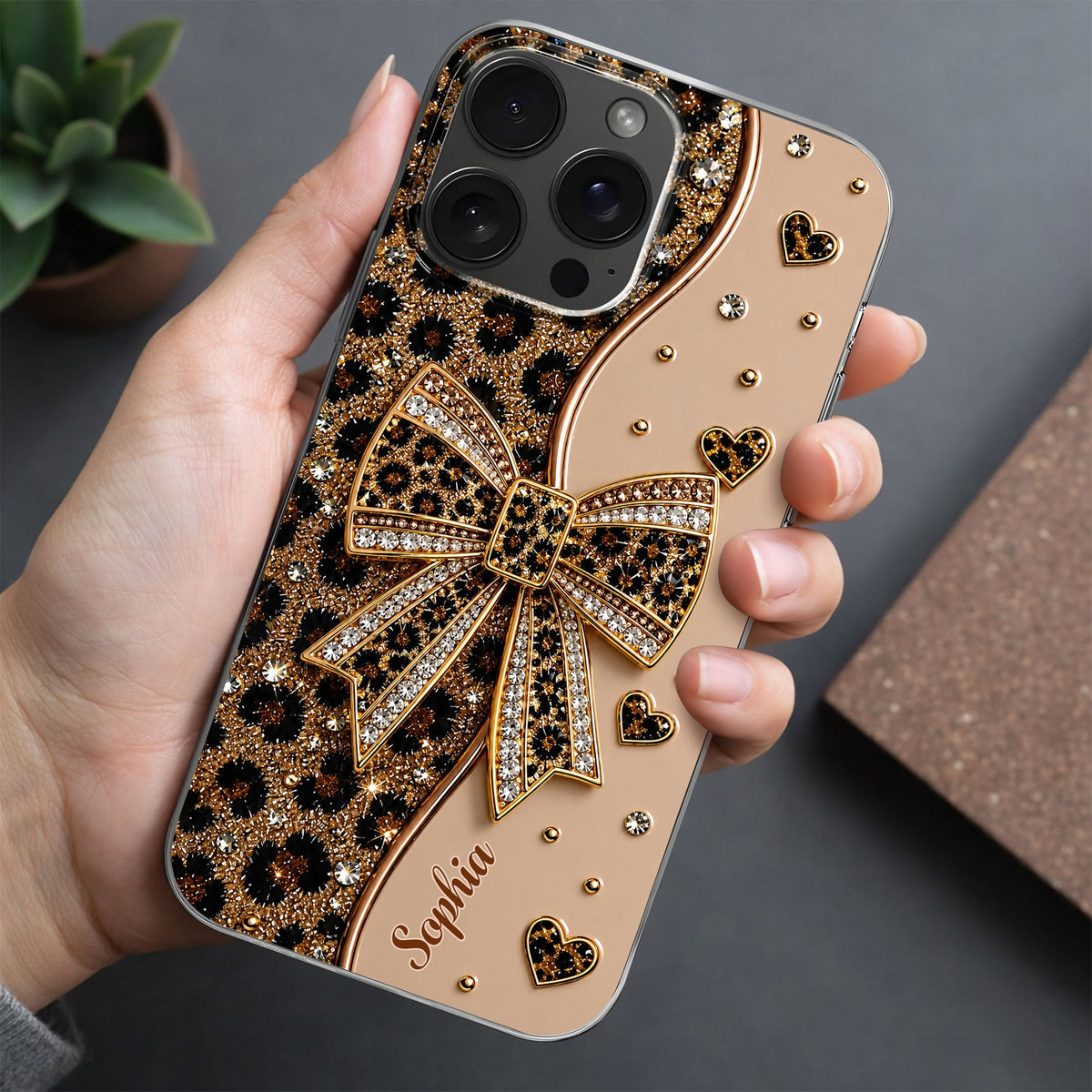 Stay Fabulous Leopard Print With Diamond Bow And Hearts - Personalized Clear Phone Case - DTG124_PHC
