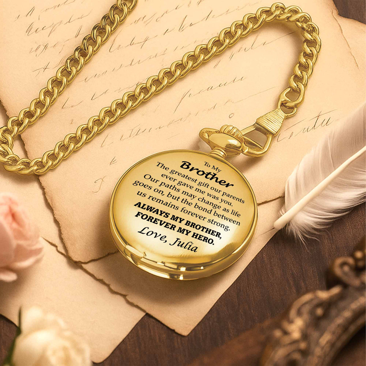 To My Brother, Forever My Hero Pocket Watch - Personalized Custom Pocket Watch - FAM048_GWATCH