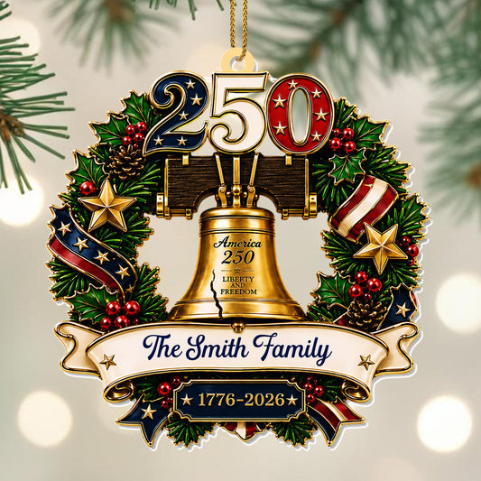 America Liberty and Freedom Wreath With Liberty Bell and Family Name - Personalized Custom Acrylic Ornament, Christmas Gift - FAM1015_ACO