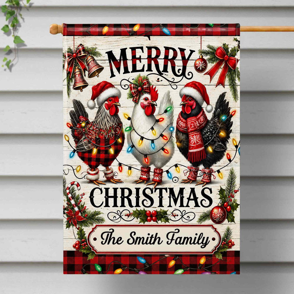 Merry Christmas Our Family With Festive Chickens And Holiday Lights - Personalized Flag - FAM1016_GAF