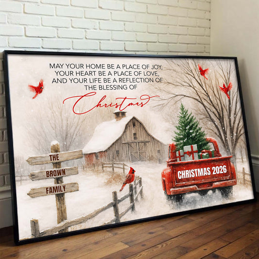 May Your Home Be A Place Of Joy Christmas Red Truck Barn Cardinals - Personalized Custom Horizontal Poster - FAM1041_HPOS