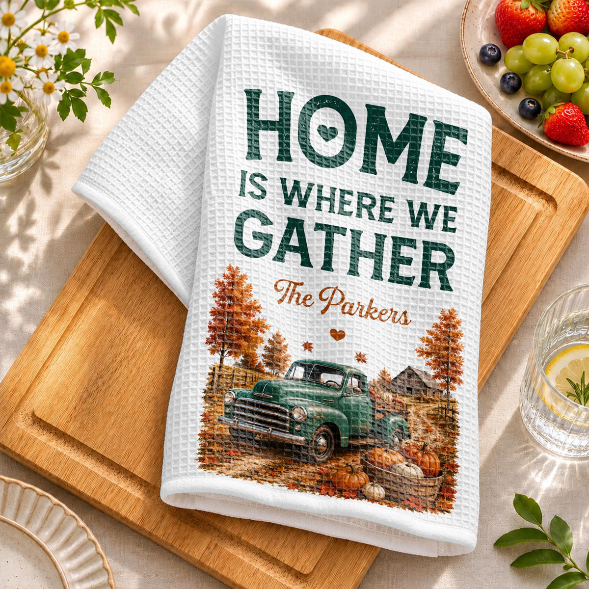 Home Is Where We Gather Vintage Truck And Autumn Pumpkins - Personalized Kitchen Towel - FAM1108_TOWL