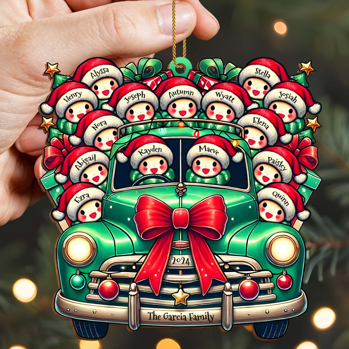 Vintage Truck Full of Christmas Cheer and Santa Hats - Personalized Custom Wood Ornament, Custom Shaped - FAM137_WDO