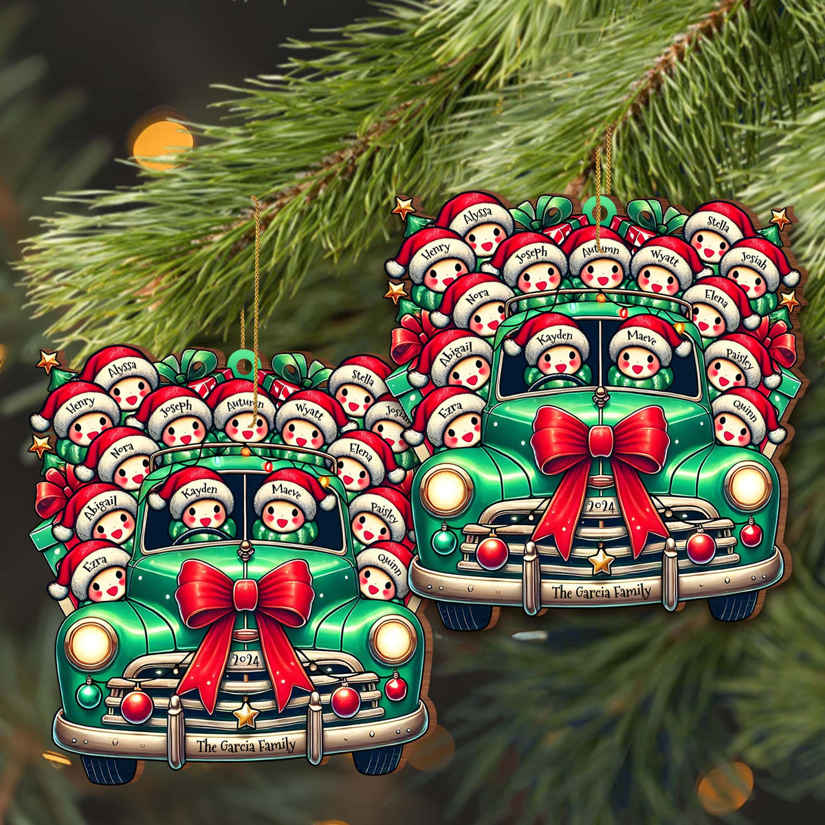 Vintage Truck Full of Christmas Cheer and Santa Hats - Personalized Custom Wood Ornament, Custom Shaped - FAM137_WDO