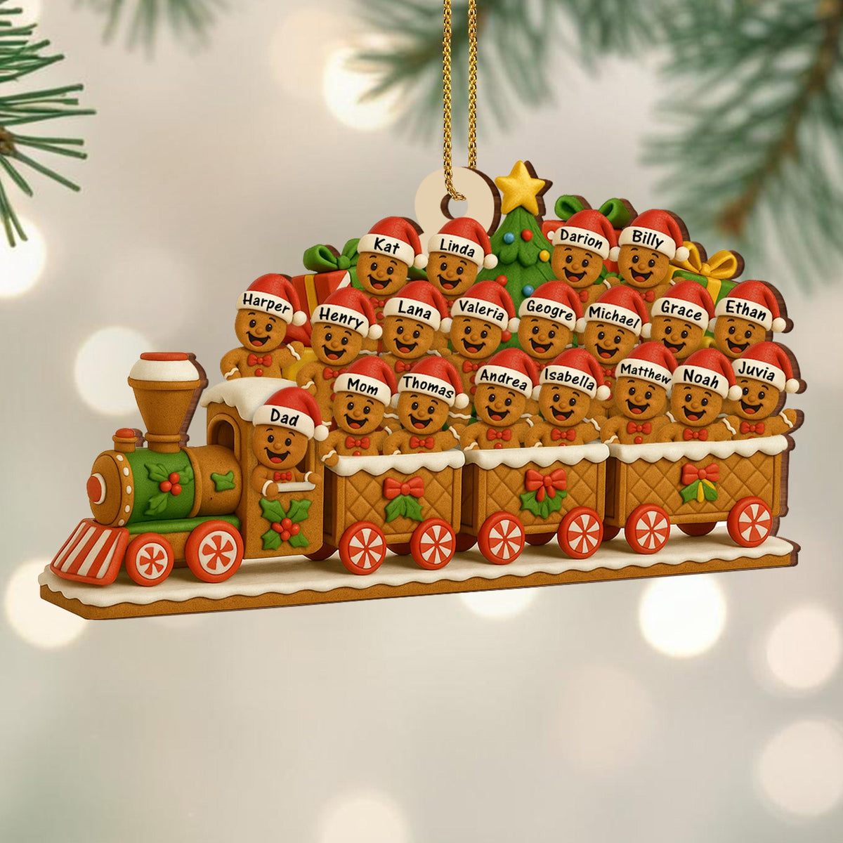 Christmas Express With Cheerful Gingerbread Passengers - Personalized Custom Wood Ornament, Custom Shaped - FAM490_WDO