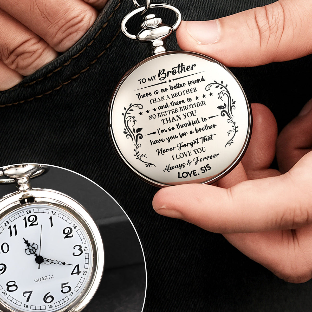 To My Brother, There Is No Better Friend, Stars And Floral Patterns - Personalized Silver Plated Pocket Watch - FAM608_SWATCH