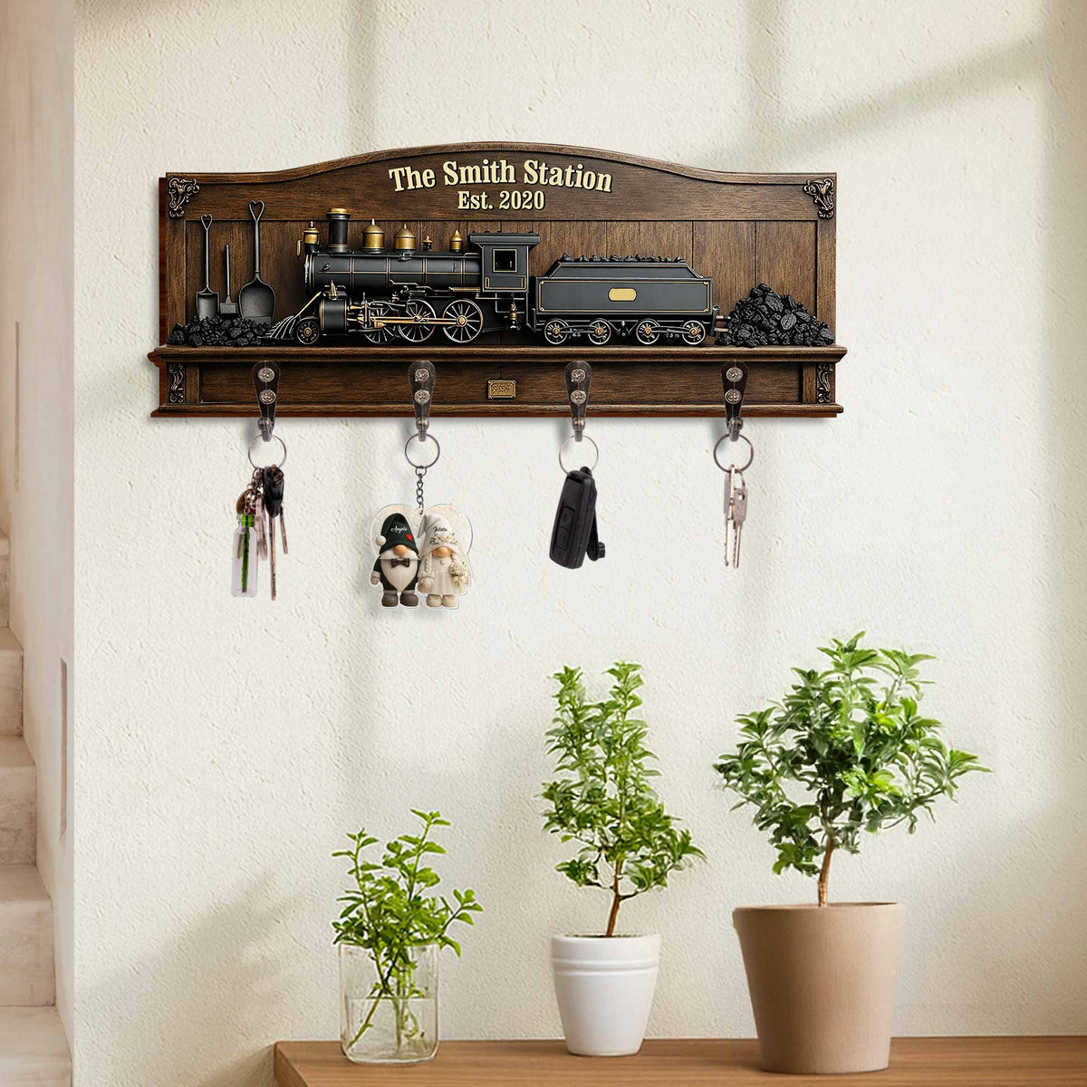 The Family Station With Vintage Steam Train And Locomotive - Personalized Key Holder - FAM806_KHO
