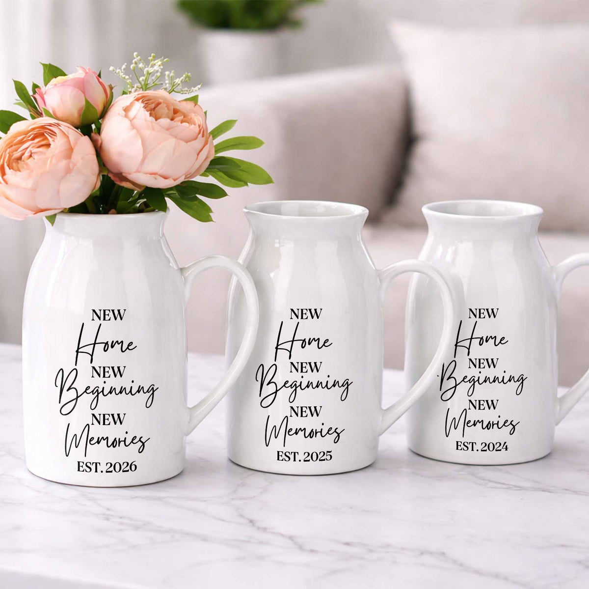 New Home New Beginning New Memories Est. Custom Ceramic Flower Vase - Personalized Ceramic Flower Vase - FAM881_CEV