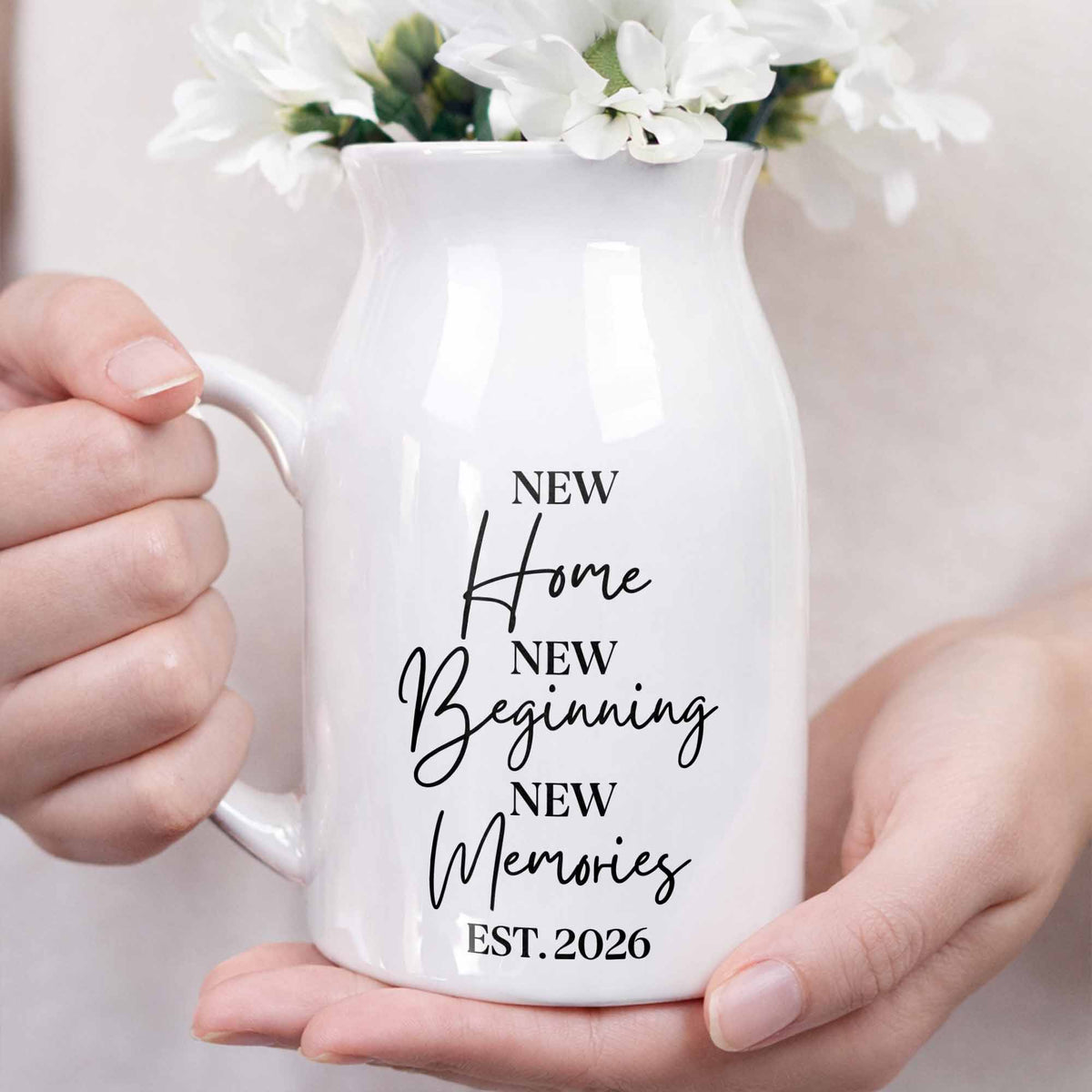 New Home New Beginning New Memories Est. Custom Ceramic Flower Vase - Personalized Ceramic Flower Vase - FAM881_CEV