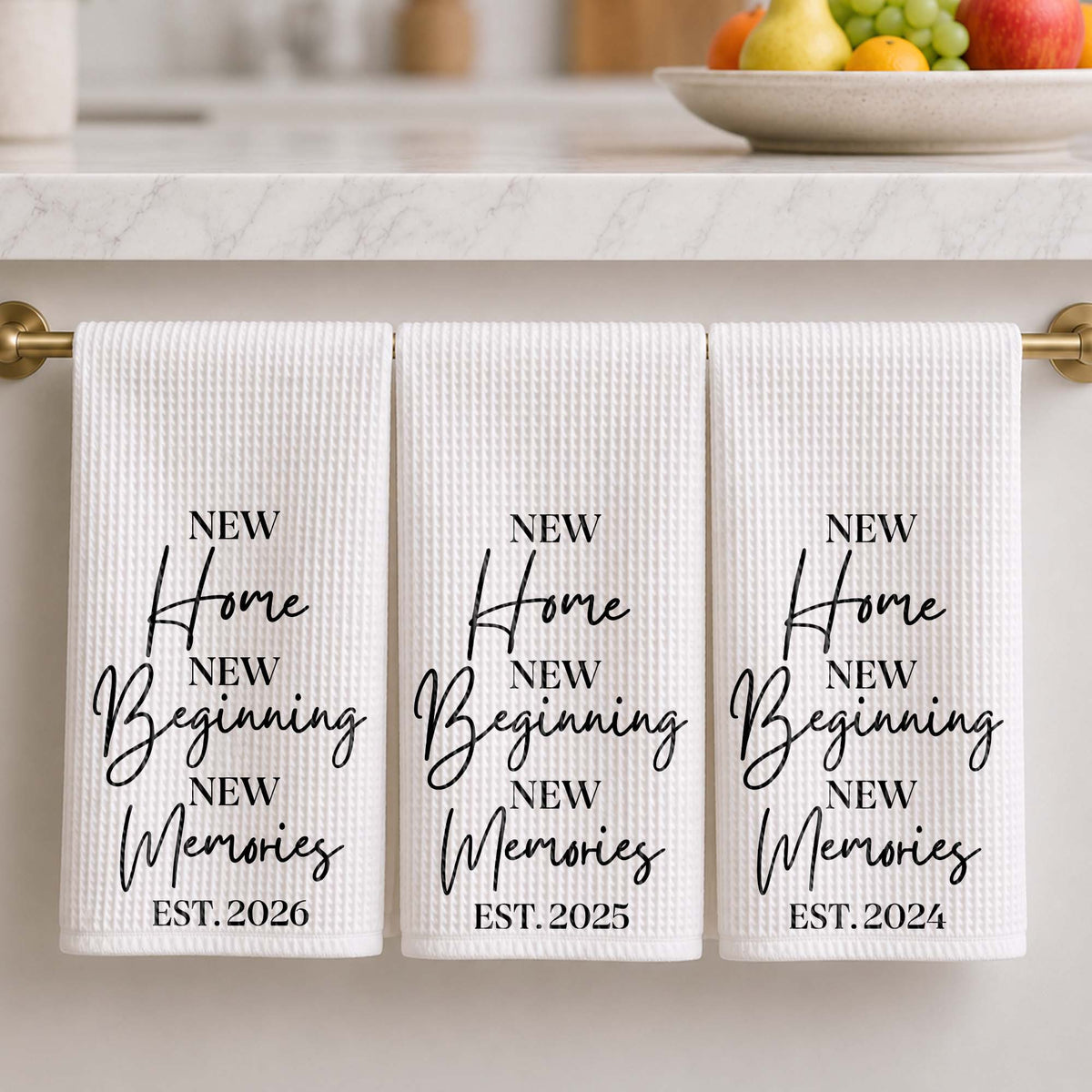 New Home New Beginning New Memories Minimalist Typography - Personalized Kitchen Towel - FAM881_TOWL
