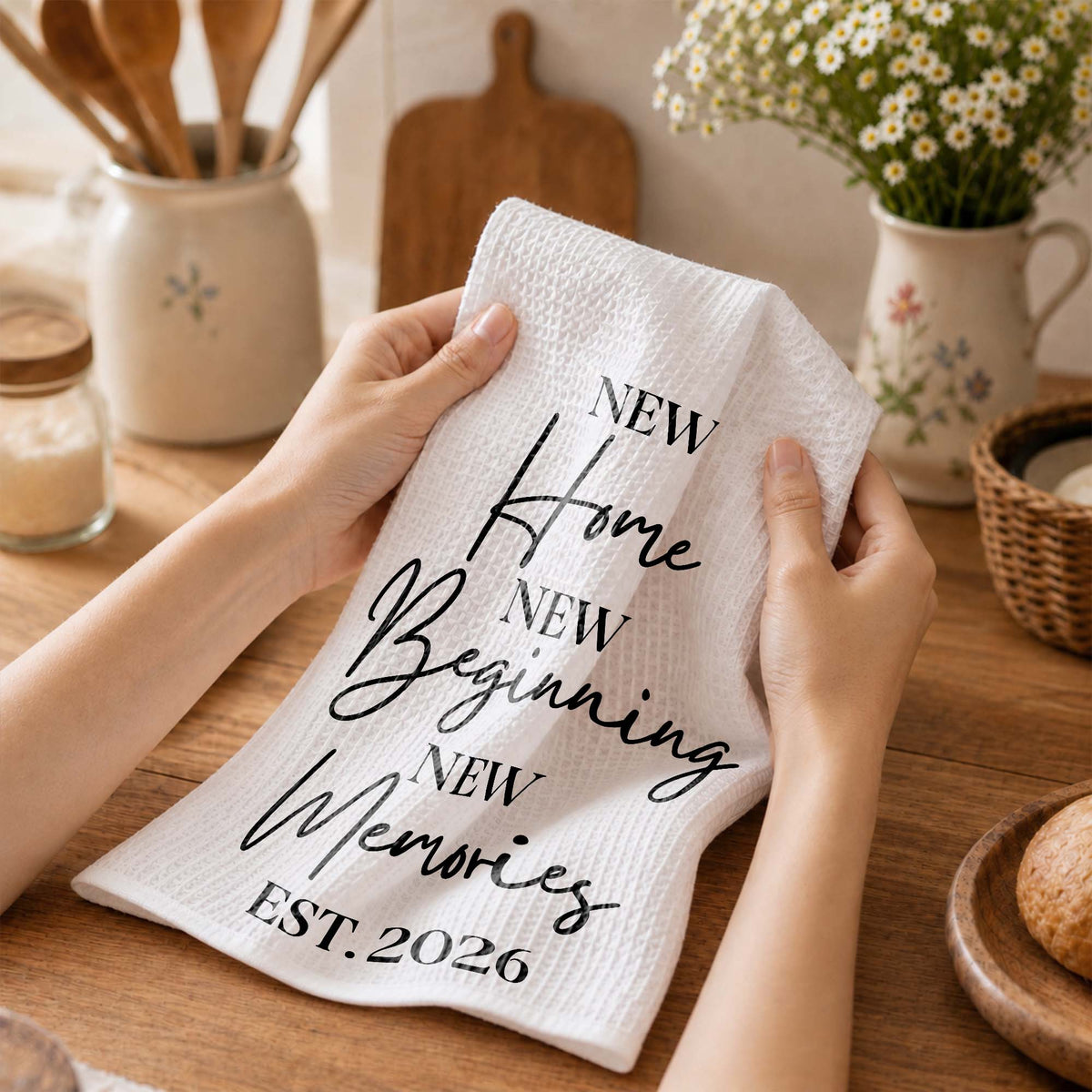 New Home New Beginning New Memories Minimalist Typography - Personalized Kitchen Towel - FAM881_TOWL
