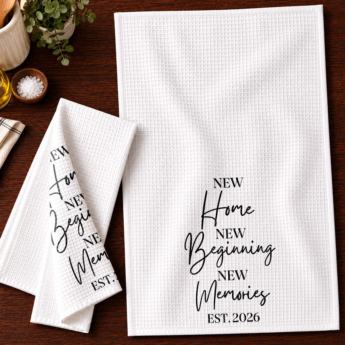 New Home New Beginning New Memories Minimalist Typography - Personalized Kitchen Towel - FAM881_TOWL