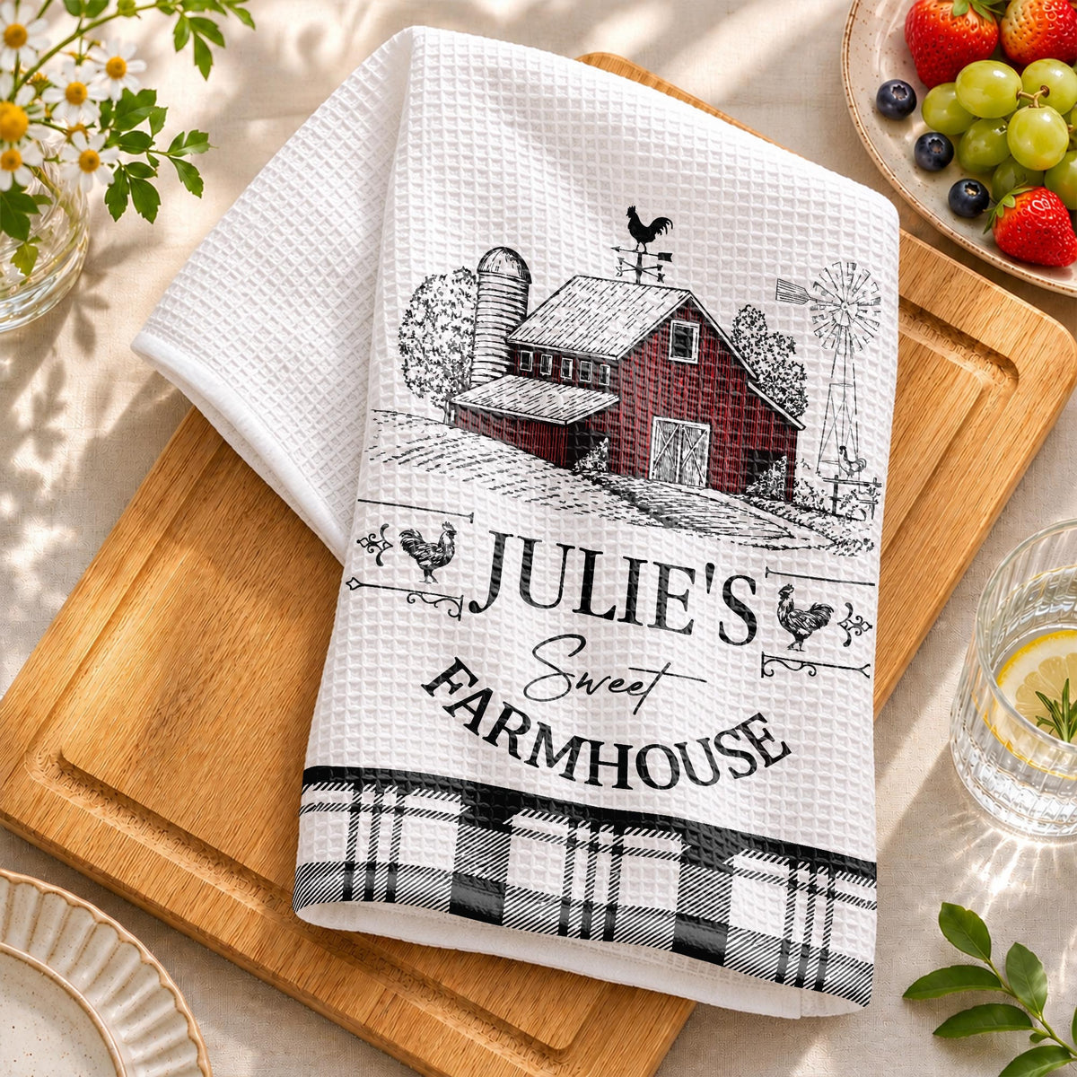 Sweet Farmhouse Custom Name Barn And Rooster Design - Personalized Kitchen Towel - FARM082_TOWL