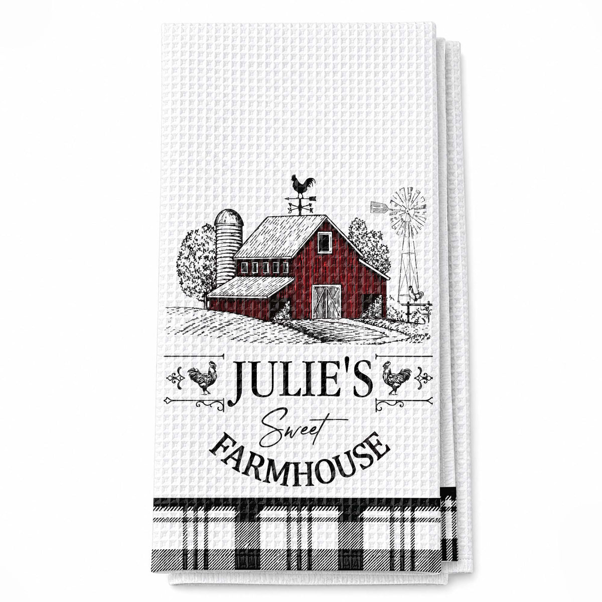 Sweet Farmhouse Custom Name Barn And Rooster Design - Personalized Kitchen Towel - FARM082_TOWL