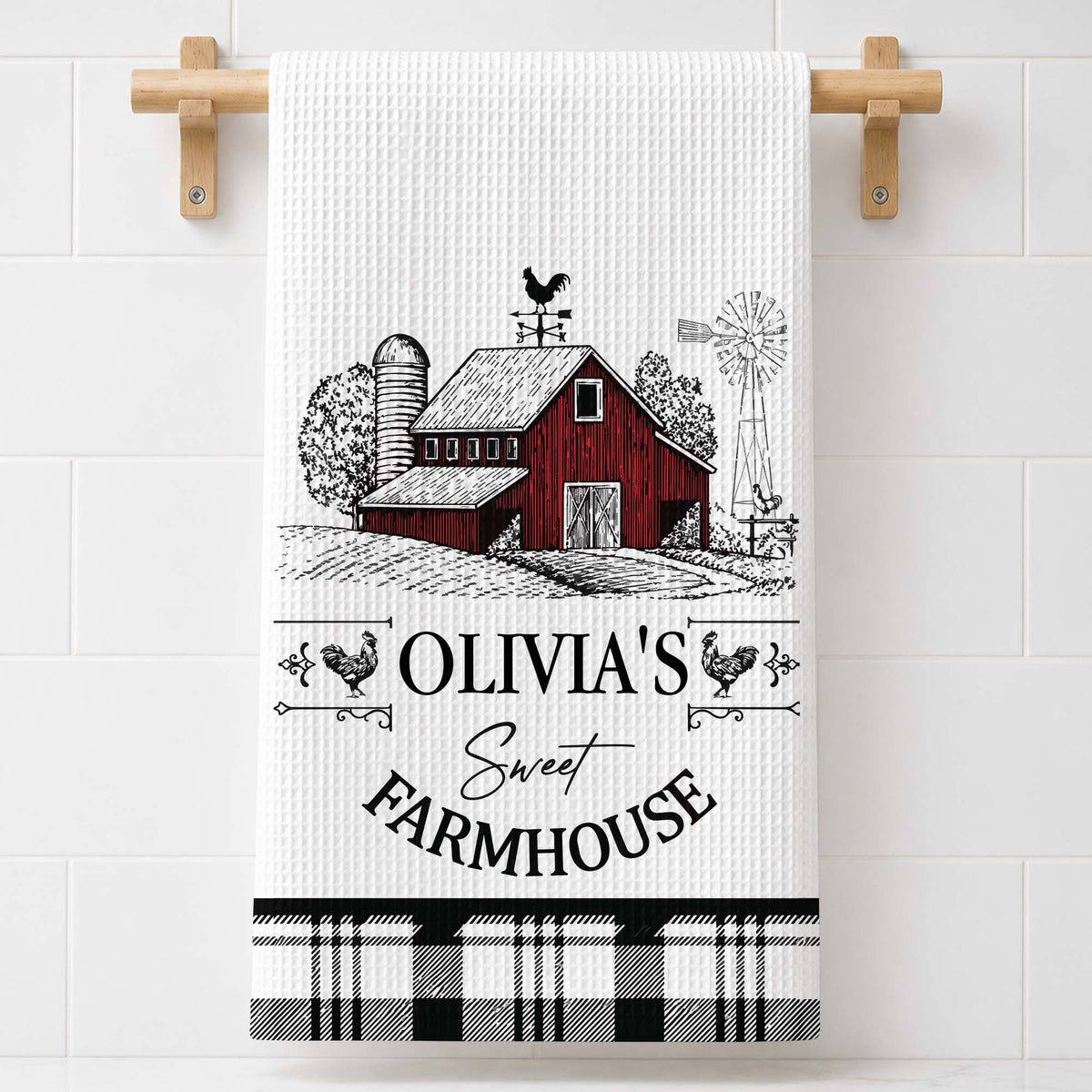 Sweet Farmhouse Custom Name Barn And Rooster Design - Personalized Kitchen Towel - FARM082_TOWL
