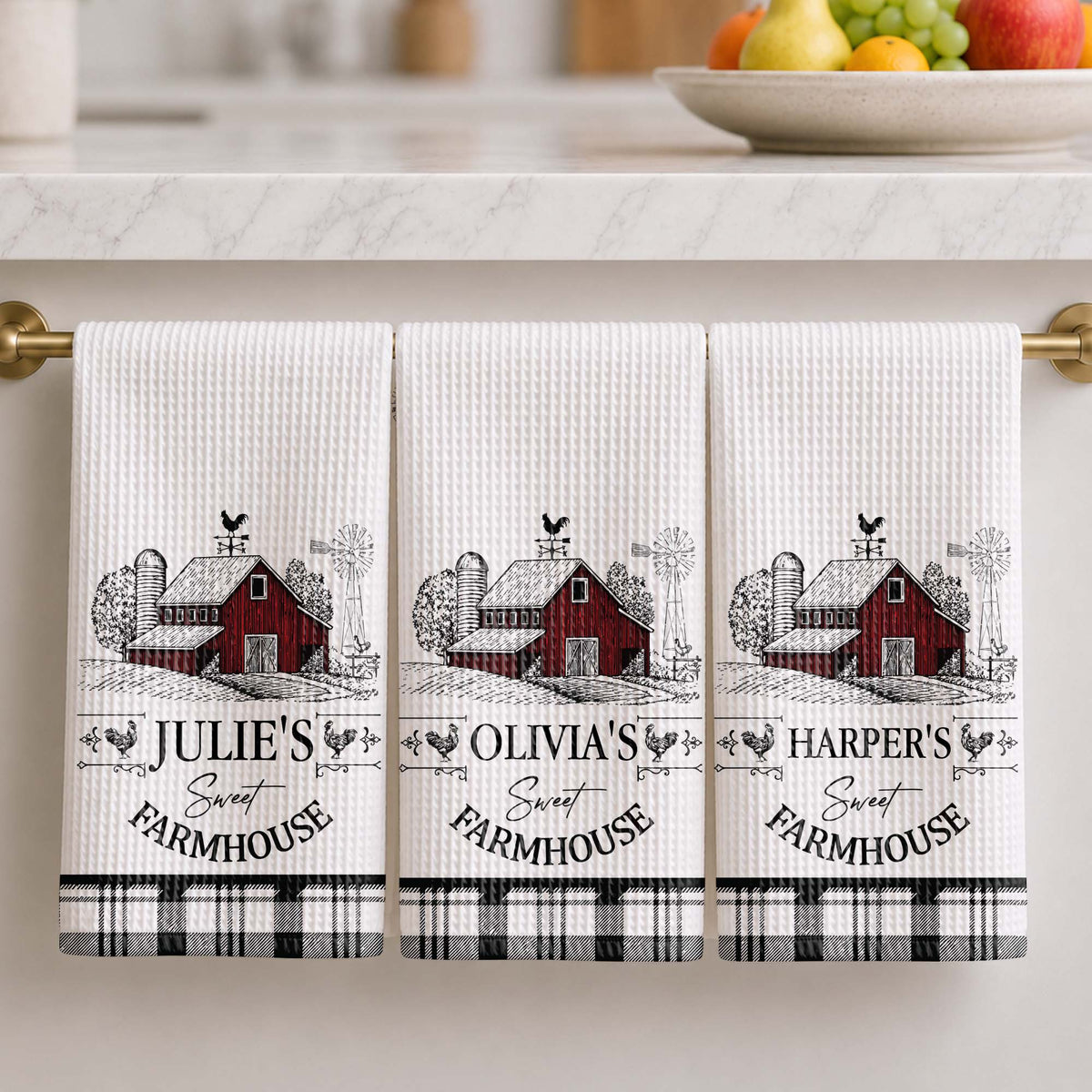 Sweet Farmhouse Custom Name Barn And Rooster Design - Personalized Kitchen Towel - FARM082_TOWL