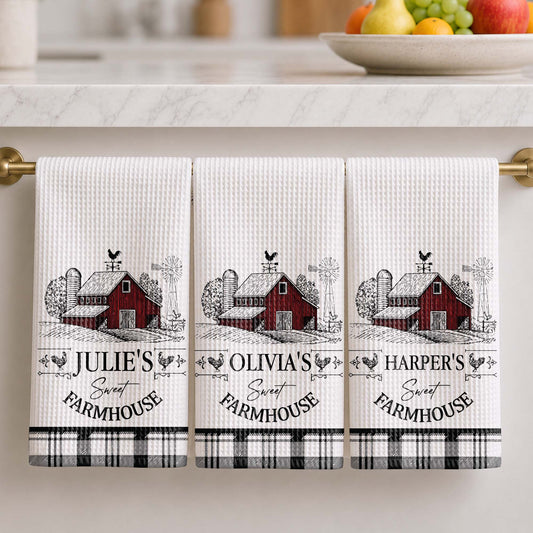 Sweet Farmhouse Custom Name Barn And Rooster Design - Personalized Kitchen Towel - FARM082_TOWL