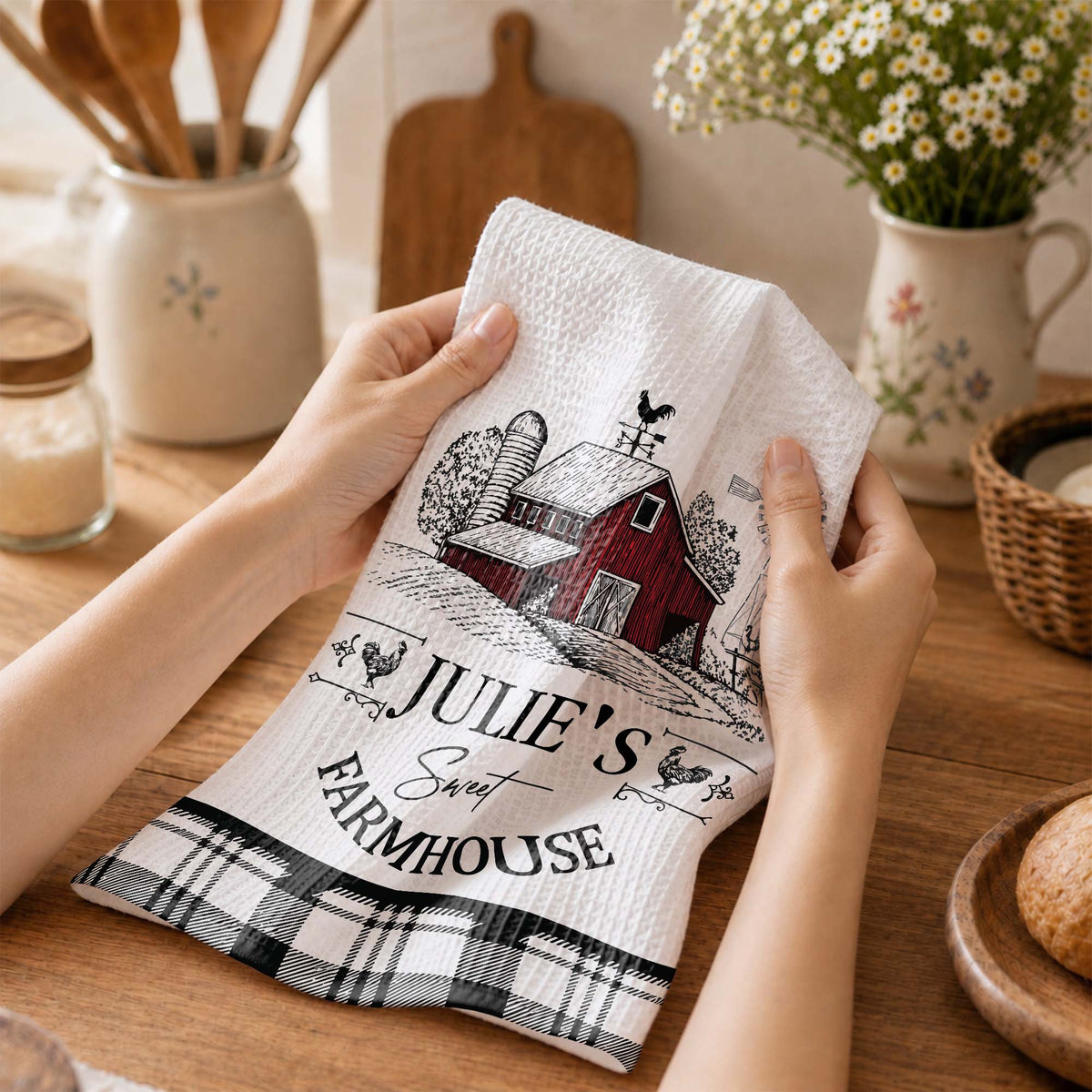 Sweet Farmhouse Custom Name Barn And Rooster Design - Personalized Kitchen Towel - FARM082_TOWL