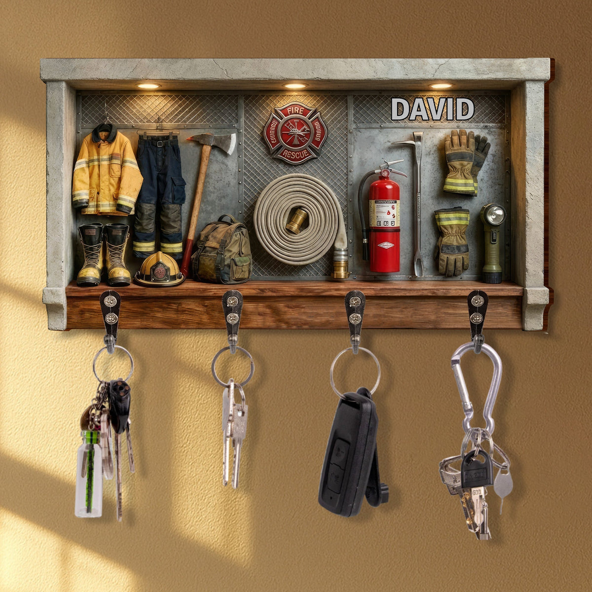 Celebrate Your Personal Hero, Firefighter Gear, Badge, and Extinguisher - Personalized Key Holder - FIF049_KHO