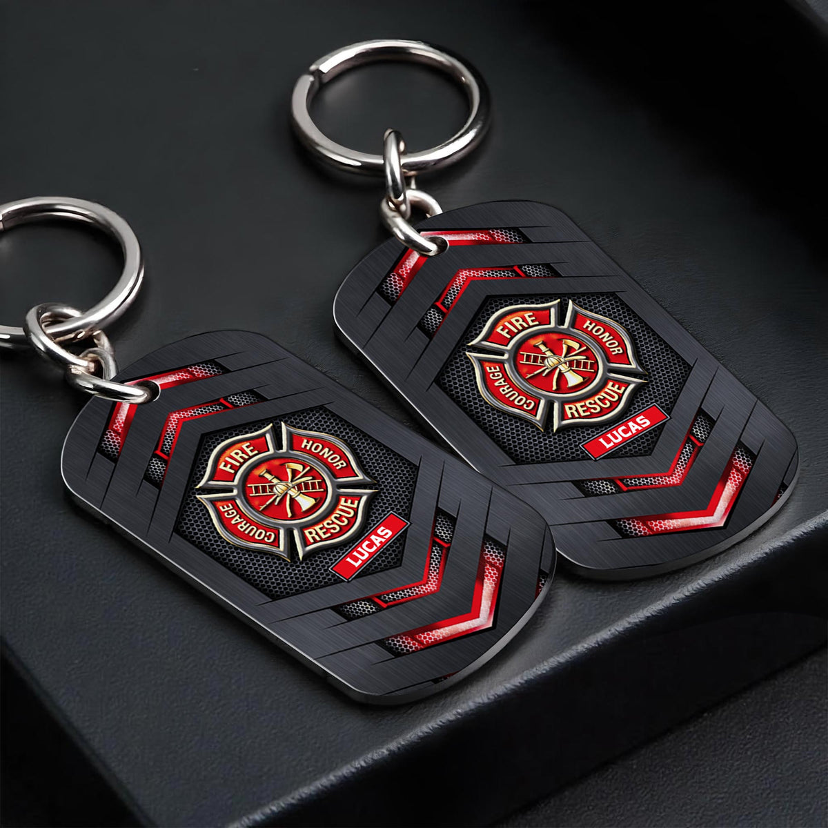 Fire Rescue Courage Honor With Firefighter Badge And Maltese Cross - Personalized Stainless Steel Keychain - FIF057_KCX