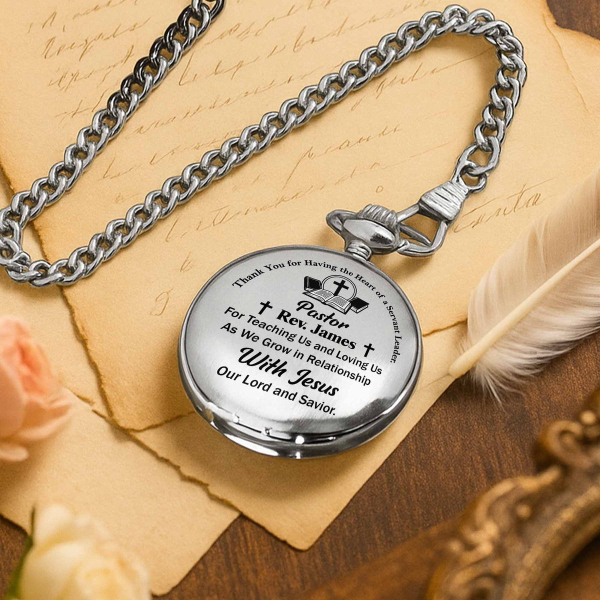 Thank You For Having The Heart Of A Servant Leader, Book And Cross - Personalized Silver Plated Pocket Watch - FTH040_SWATCH