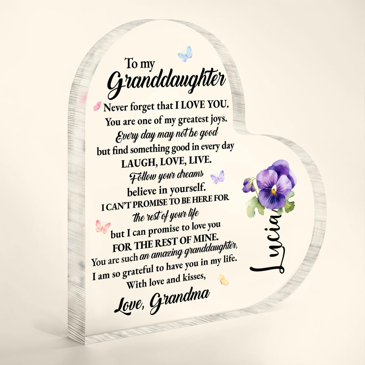 Love And Life Promises To Granddaughter With Butterflies And Flowers - Personalized Heart Shaped Acrylic Plaque - GDT123_HAP