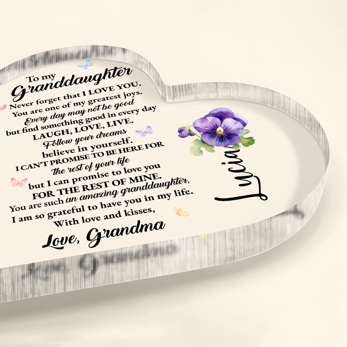 Love And Life Promises To Granddaughter With Butterflies And Flowers - Personalized Heart Shaped Acrylic Plaque - GDT123_HAP