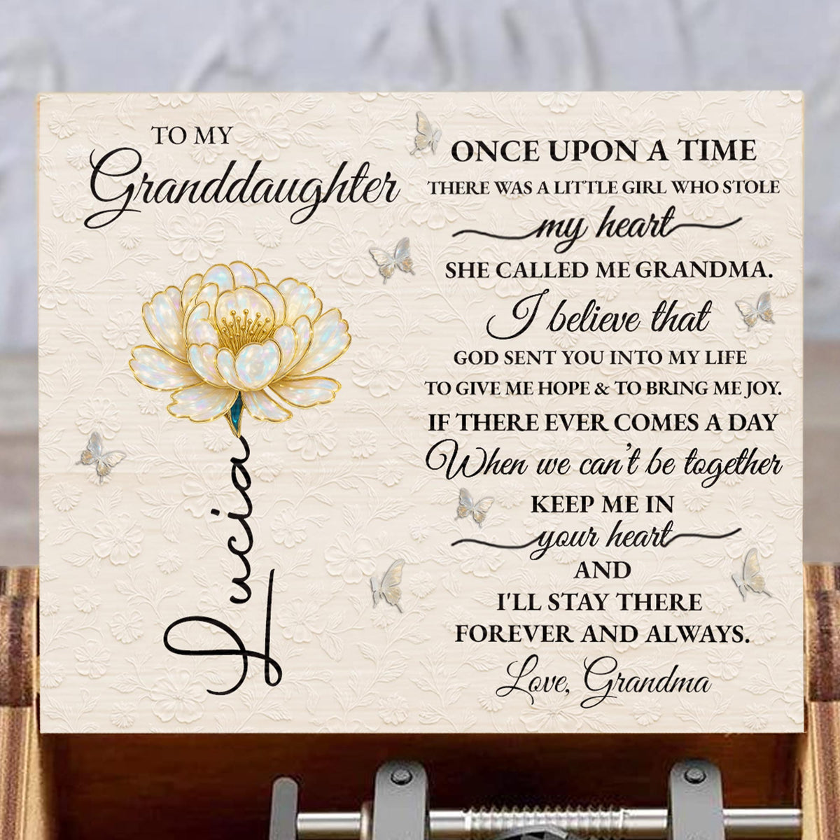 To My Granddaughter, Once Upon A Time, Flower And Butterflies - Custom Music Box With "You Are My Sunshine" Tune - GDT389_MZB