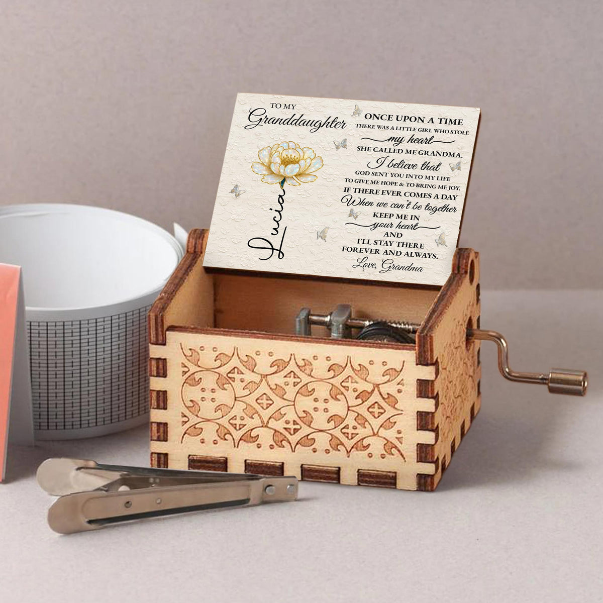 To My Granddaughter, Once Upon A Time, Flower And Butterflies - Custom Music Box With "You Are My Sunshine" Tune - GDT389_MZB
