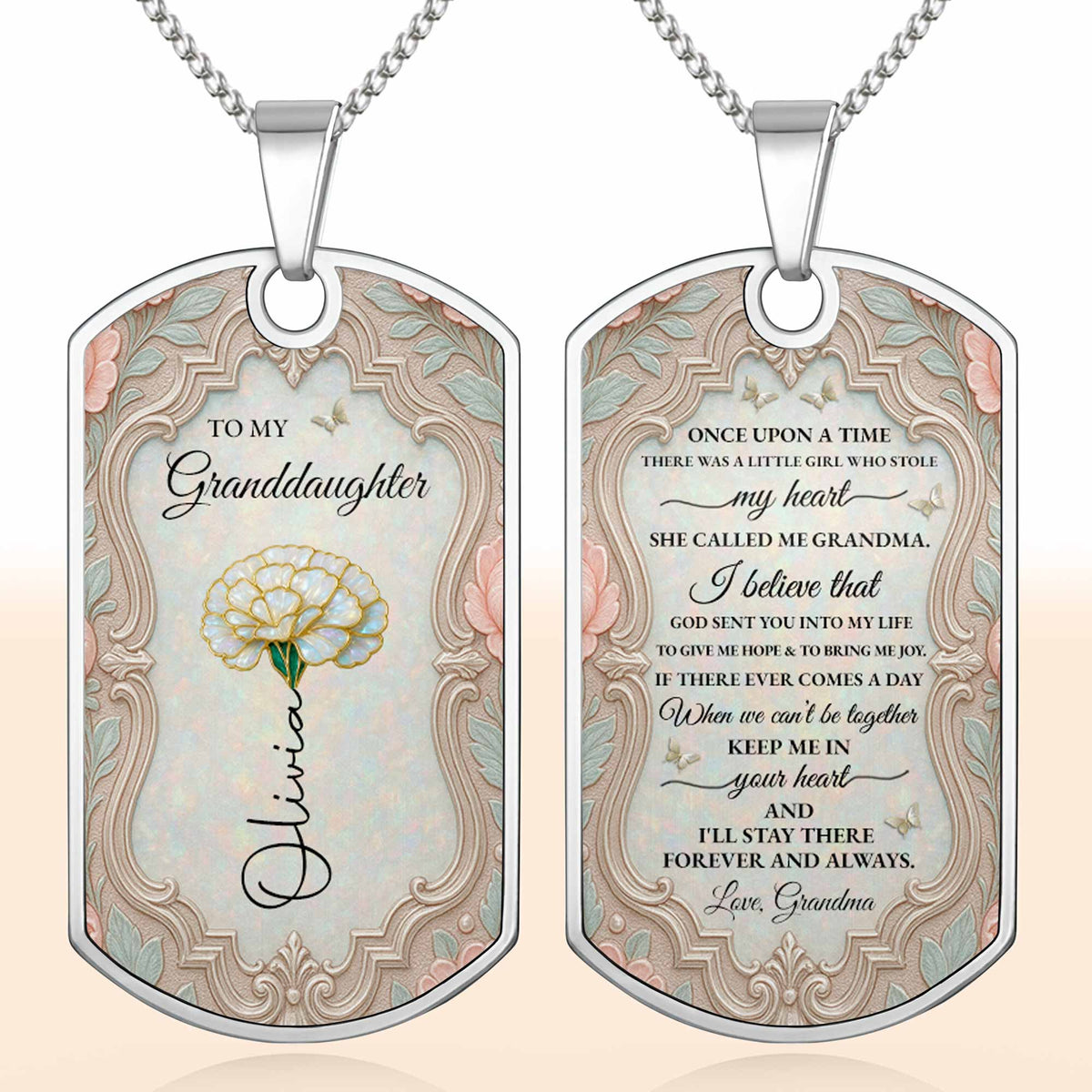 To My Granddaughter Once Upon A Time Flower And Butterfly - Personalized Custom Dog Tag Necklace - GDT557_DTNECK