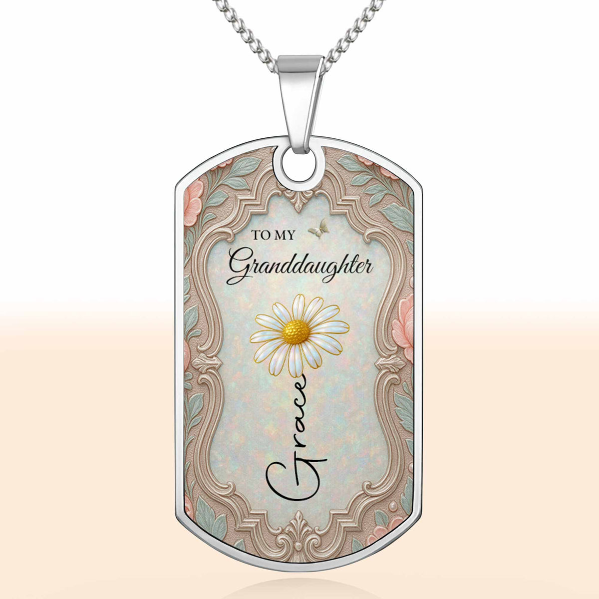 To My Granddaughter Once Upon A Time Flower And Butterfly - Personalized Custom Dog Tag Necklace - GDT557_DTNECK