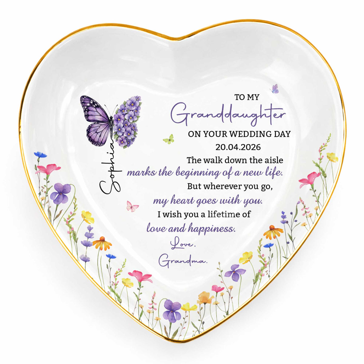 To My Granddaughter On Your Wedding Day Butterfly And Wildflowers Ceramic Dish - Personalized Custom Jewelry Dish, Ceramic Dish, Heart Shape - GDT815_HCRF