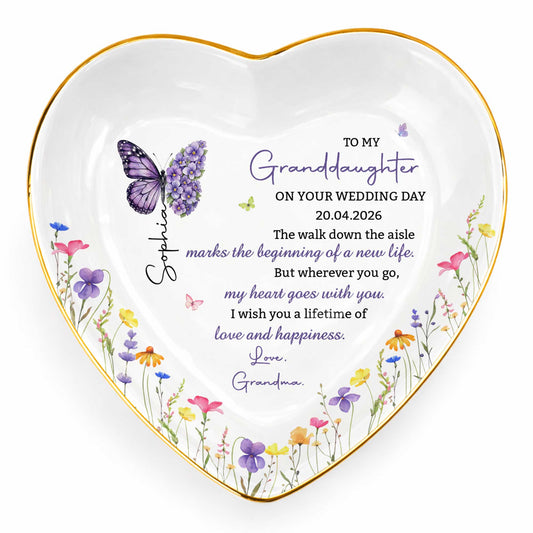 To My Granddaughter On Your Wedding Day Butterfly And Wildflowers Ceramic Dish - Personalized Custom Jewelry Dish, Ceramic Dish, Heart Shape - GDT815_HCRF