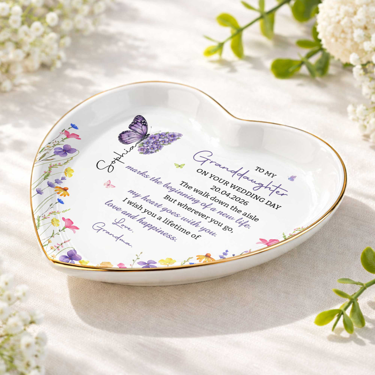 To My Granddaughter On Your Wedding Day Butterfly And Wildflowers Ceramic Dish - Personalized Custom Jewelry Dish, Ceramic Dish, Heart Shape - GDT815_HCRF
