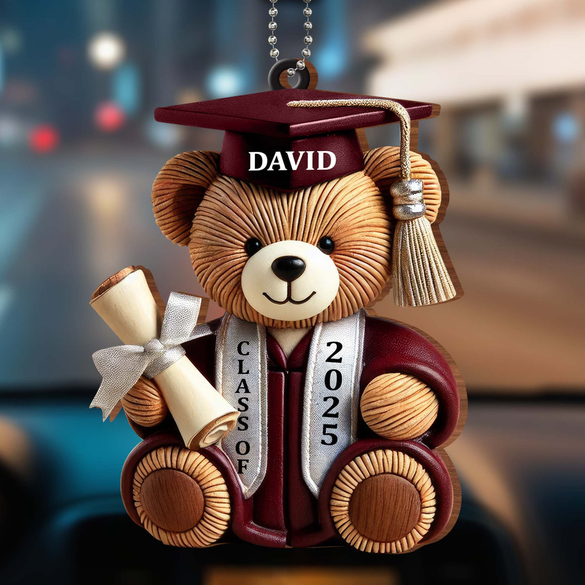 Graduation Teddy Bear With Cap And Diploma - Personalized Custom Wood Ornament, Car Hanging Ornament - GRAD005_WCA
